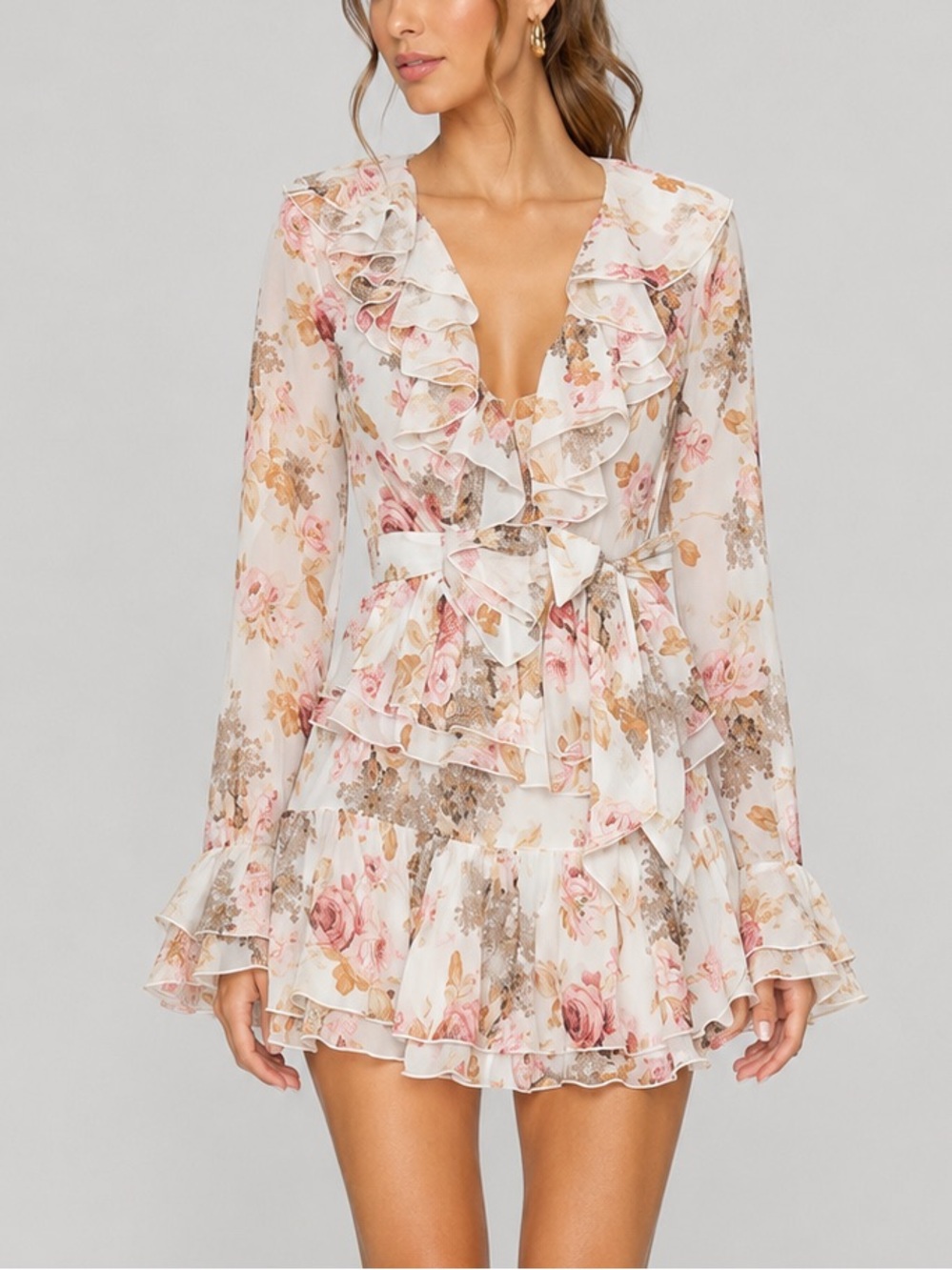 🆕🌸Ronny Kobo Floral Ruffle Mini Dress Size M Ivory Pink LongSleeve Romantic Boho